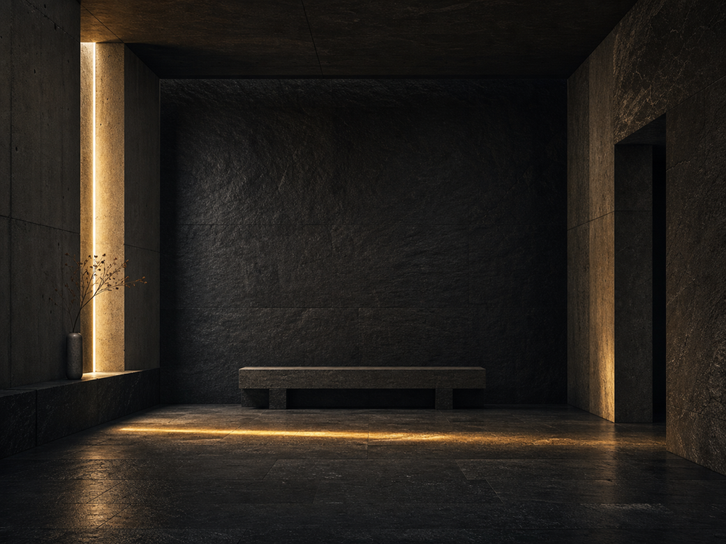 A dark stone memorial chamber with an empty bench and a narrow gold line of light.