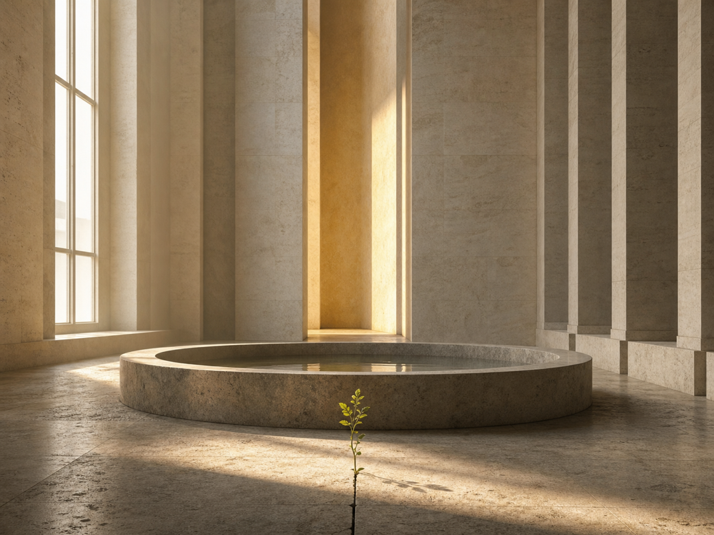 A quiet limestone hall with water, morning light, and a small green shoot.