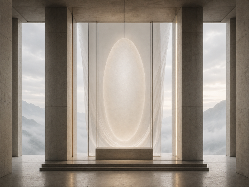 A pale stone threshold with a suspended luminous oval behind glass and fog beyond.